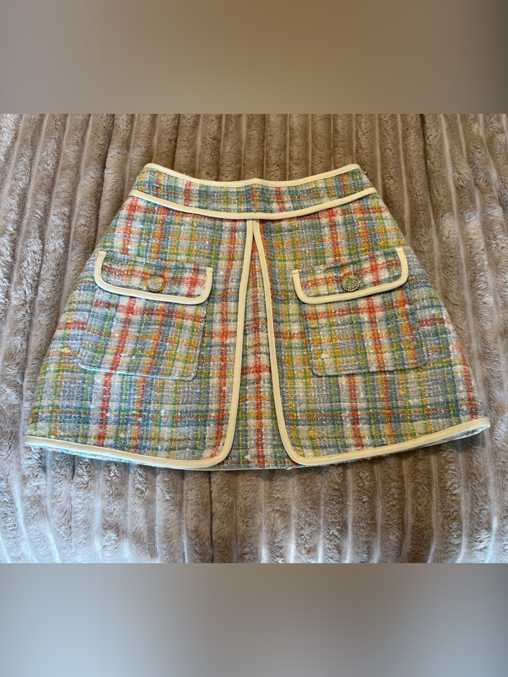 English Factory Multicolor Tweed A-Line Mini Skirt with White Trim